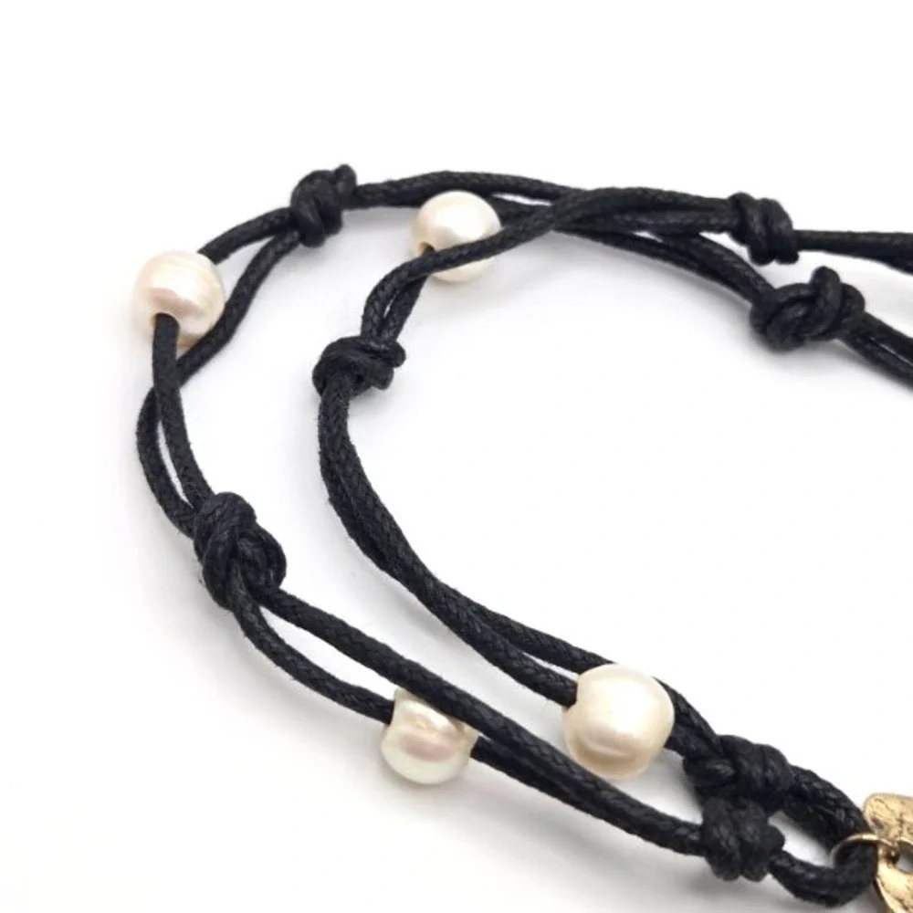 Handmade Hammered Cross Necklace w/ Freshwater Pearls on Cord 18